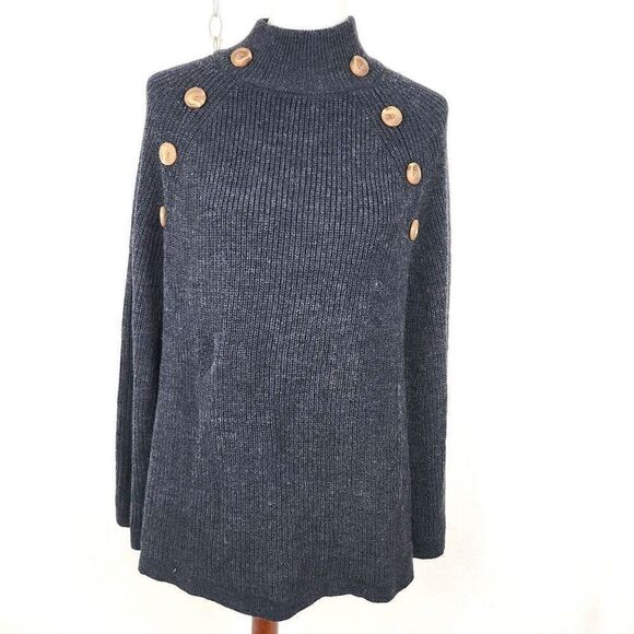 Linda Anderson Charcoal Sweater Knit Poncho Cape Button Accents Women's One Size - Picture 1 of 6